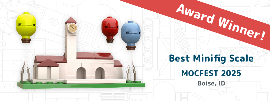Award Winner! Best Minifig Scale, MOCFEST 2025, Boise Idaho. Image of trophy with a microscale Boise Train Depot and hot air balloons.