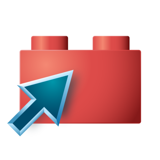 Logo of a red 1x2 building brick with a blue computer mouse