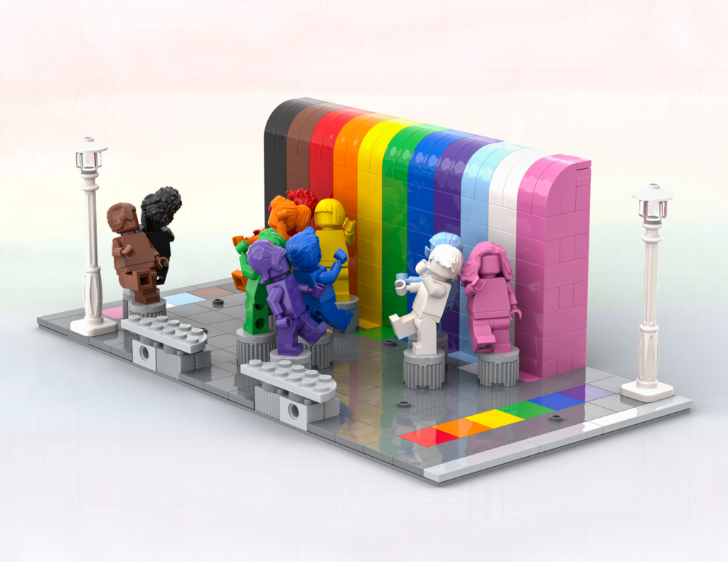 Rainbow colored minifigures on pedestals along a wall with a streetlamp.